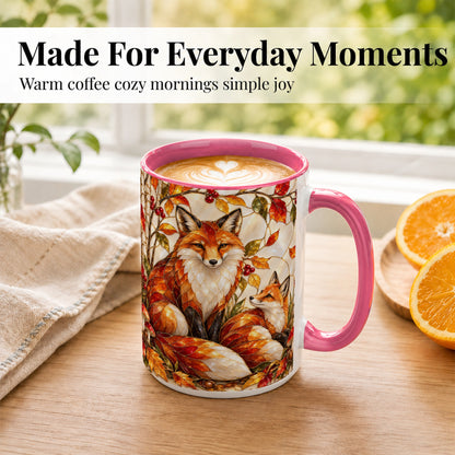 #pl[15oz|Pink] Stained Glass Style Fox Coffee Mug, Autumn Fox Mug, Ceramic Cup
