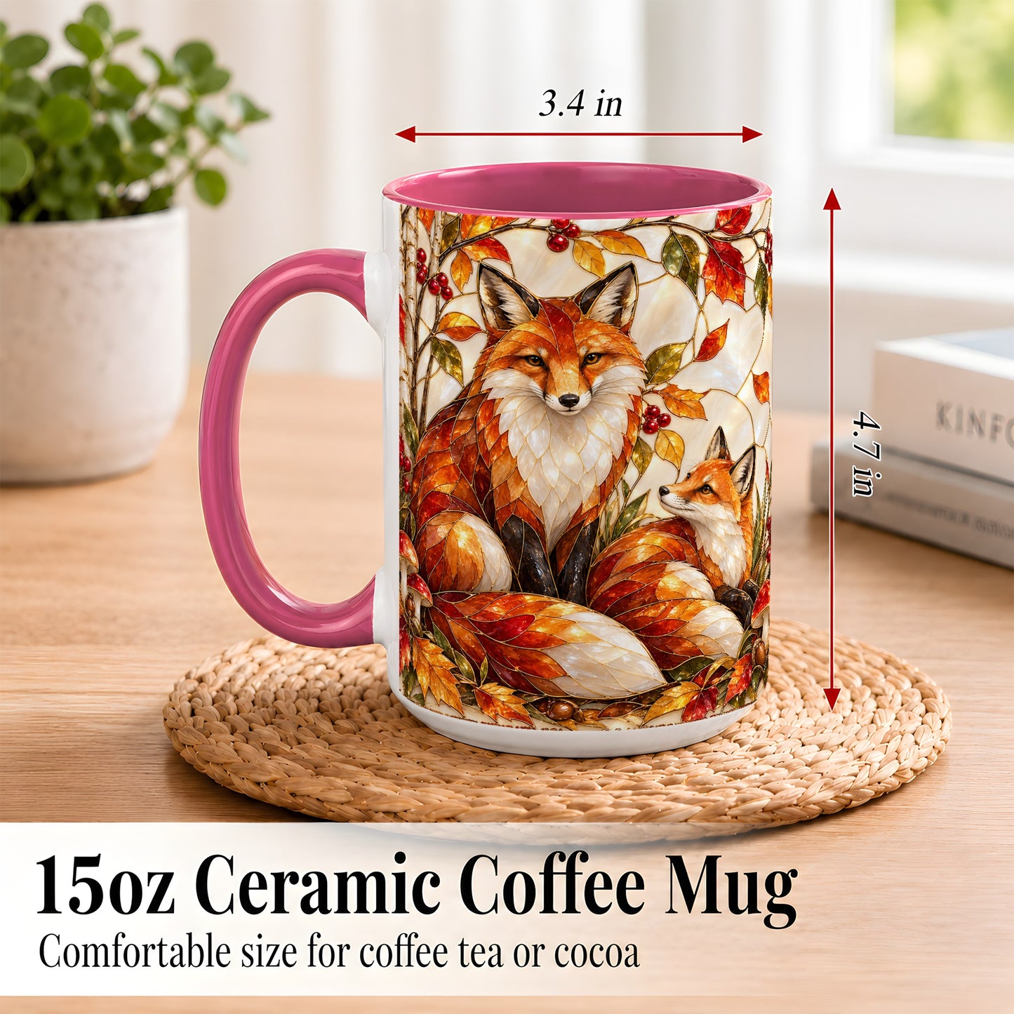 #pl[15oz|Pink] Stained Glass Style Fox Coffee Mug, Autumn Fox Mug, Ceramic Cup