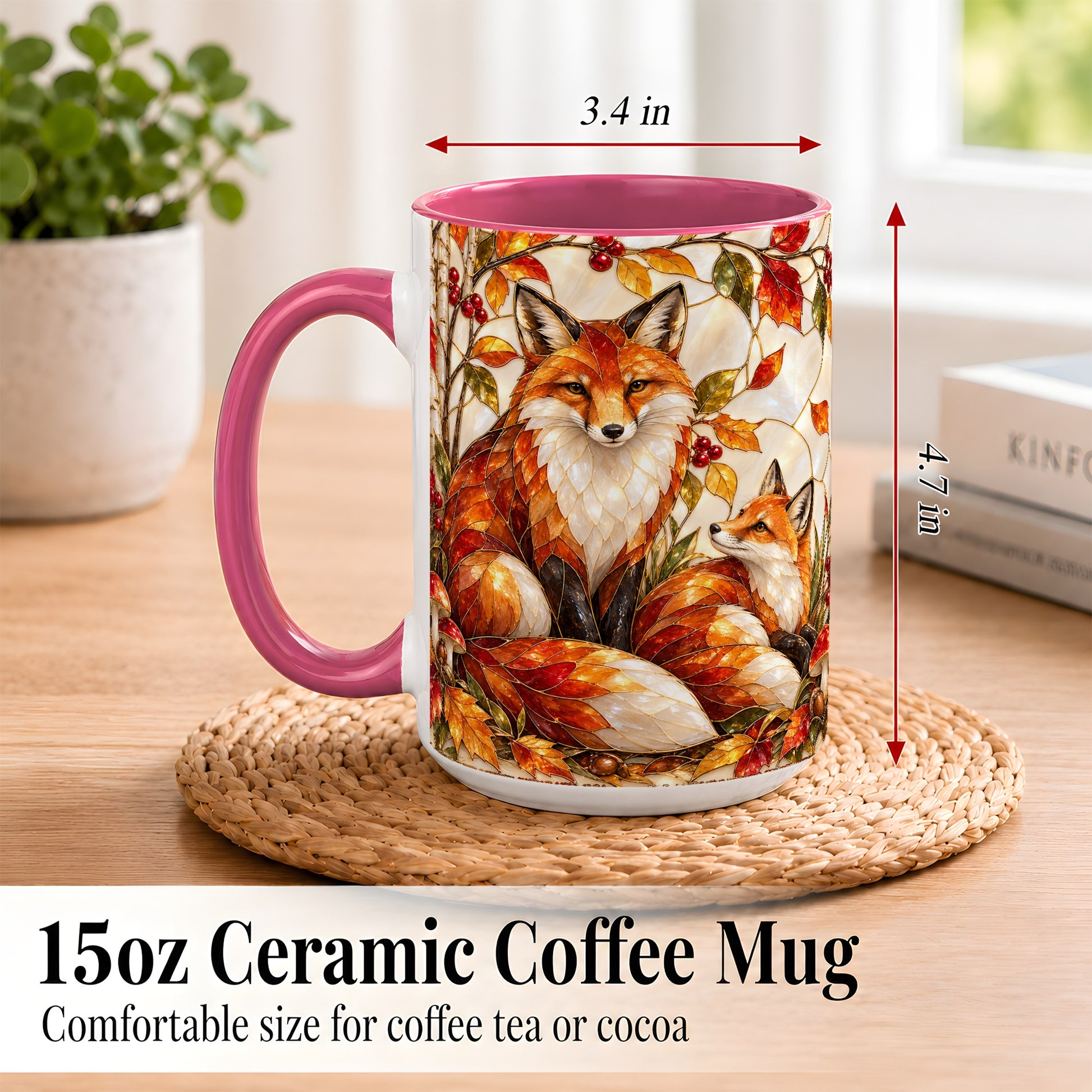 #pl[15oz|Pink] Stained Glass Style Fox Coffee Mug, Autumn Fox Mug, Ceramic Cup
