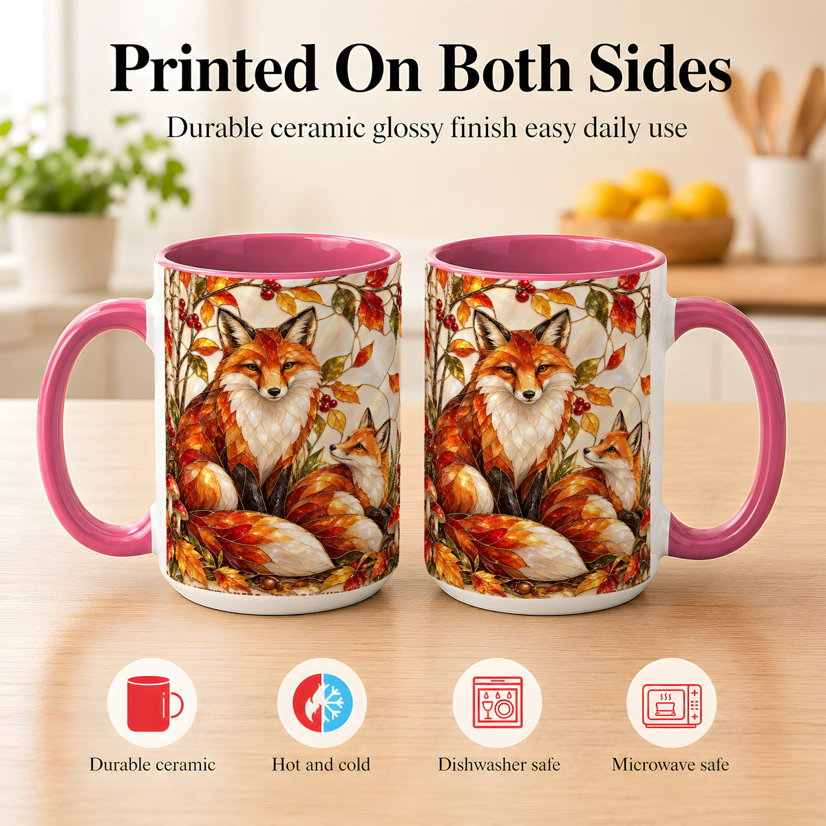 #pl[15oz|Pink] Stained Glass Style Fox Coffee Mug, Autumn Fox Mug, Ceramic Cup