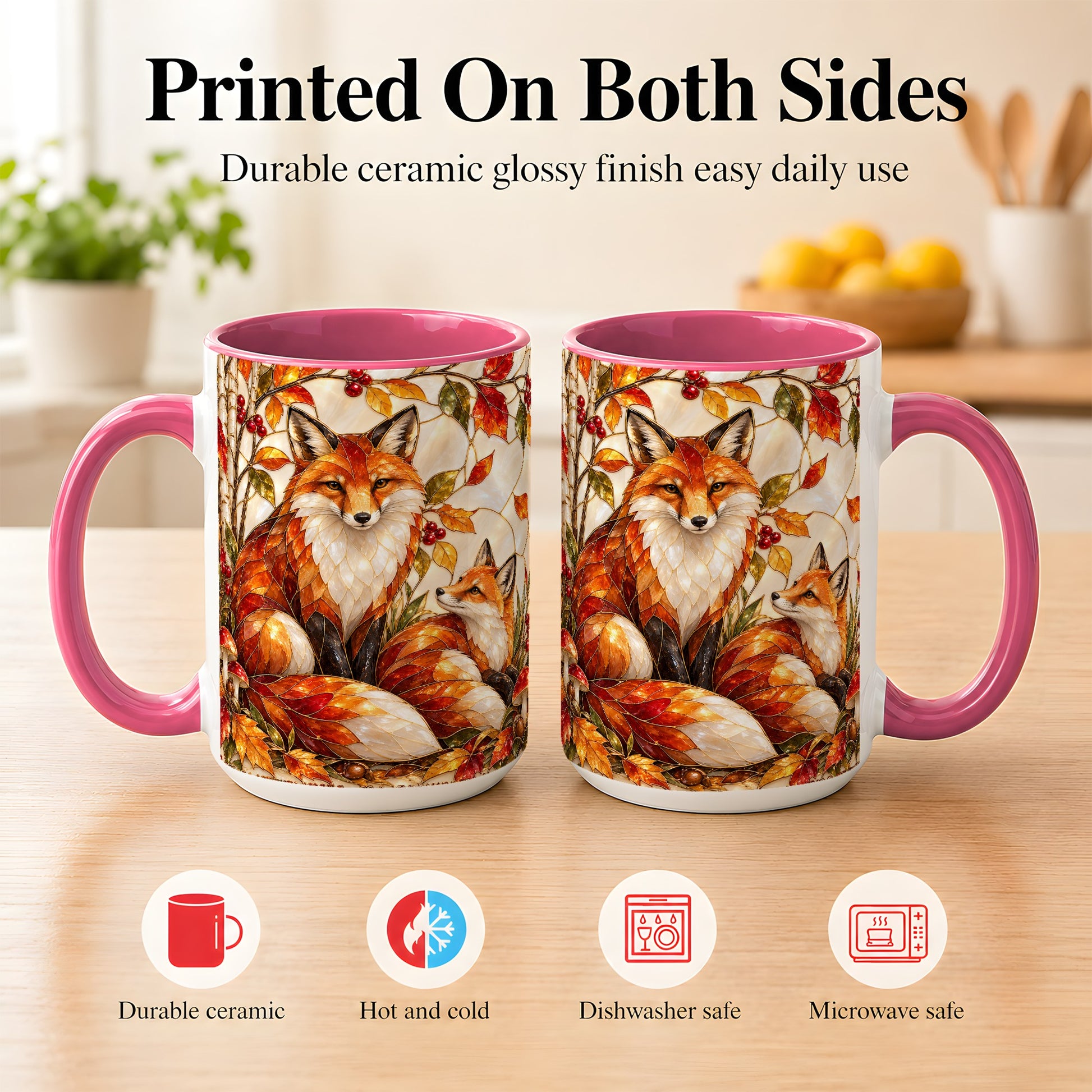 #pl[15oz|Pink] Stained Glass Style Fox Coffee Mug, Autumn Fox Mug, Ceramic Cup