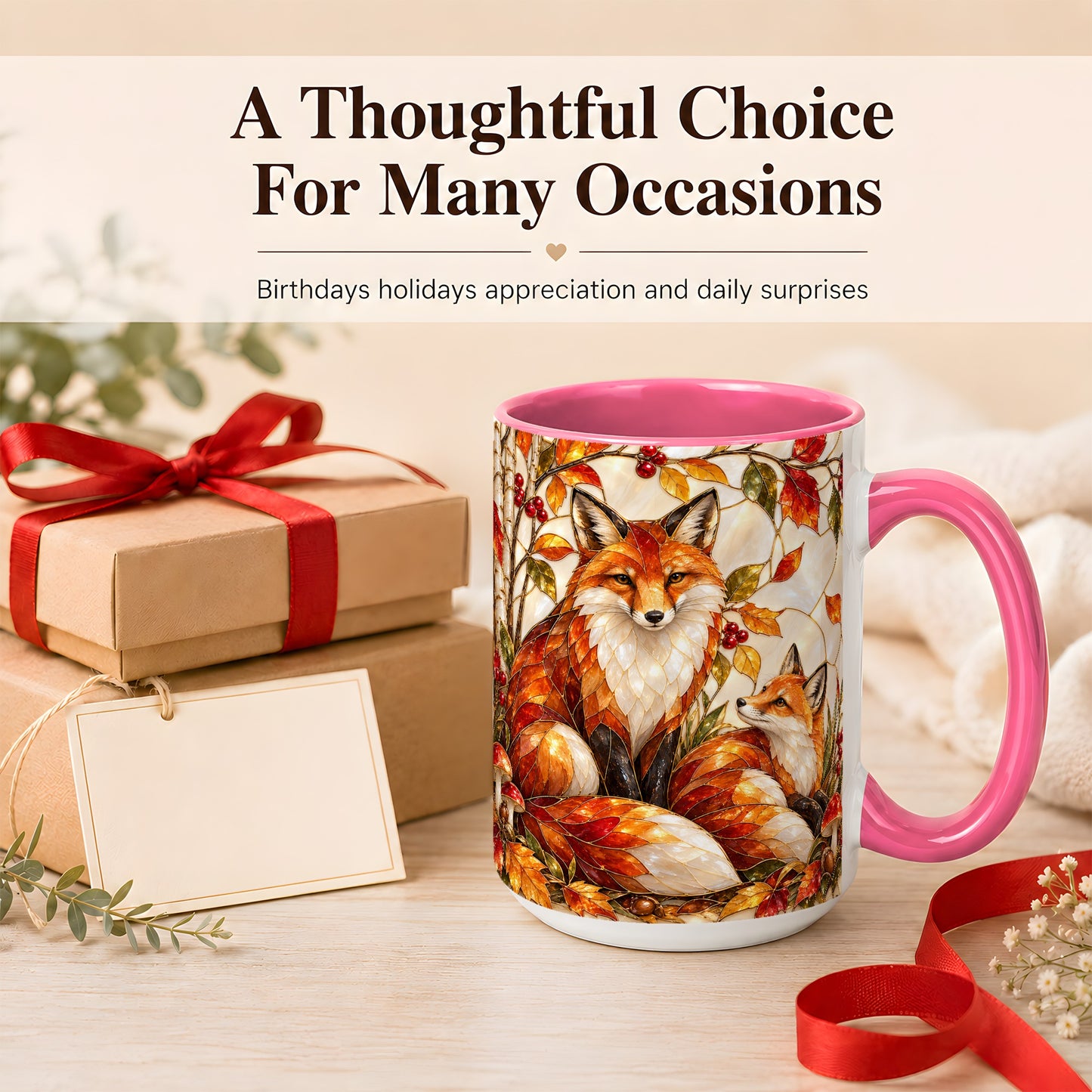 #pl[15oz|Pink] Stained Glass Style Fox Coffee Mug, Autumn Fox Mug, Ceramic Cup