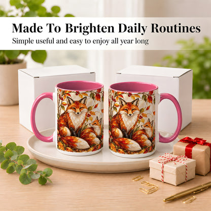 #pl[15oz|Pink] Stained Glass Style Fox Coffee Mug, Autumn Fox Mug, Ceramic Cup
