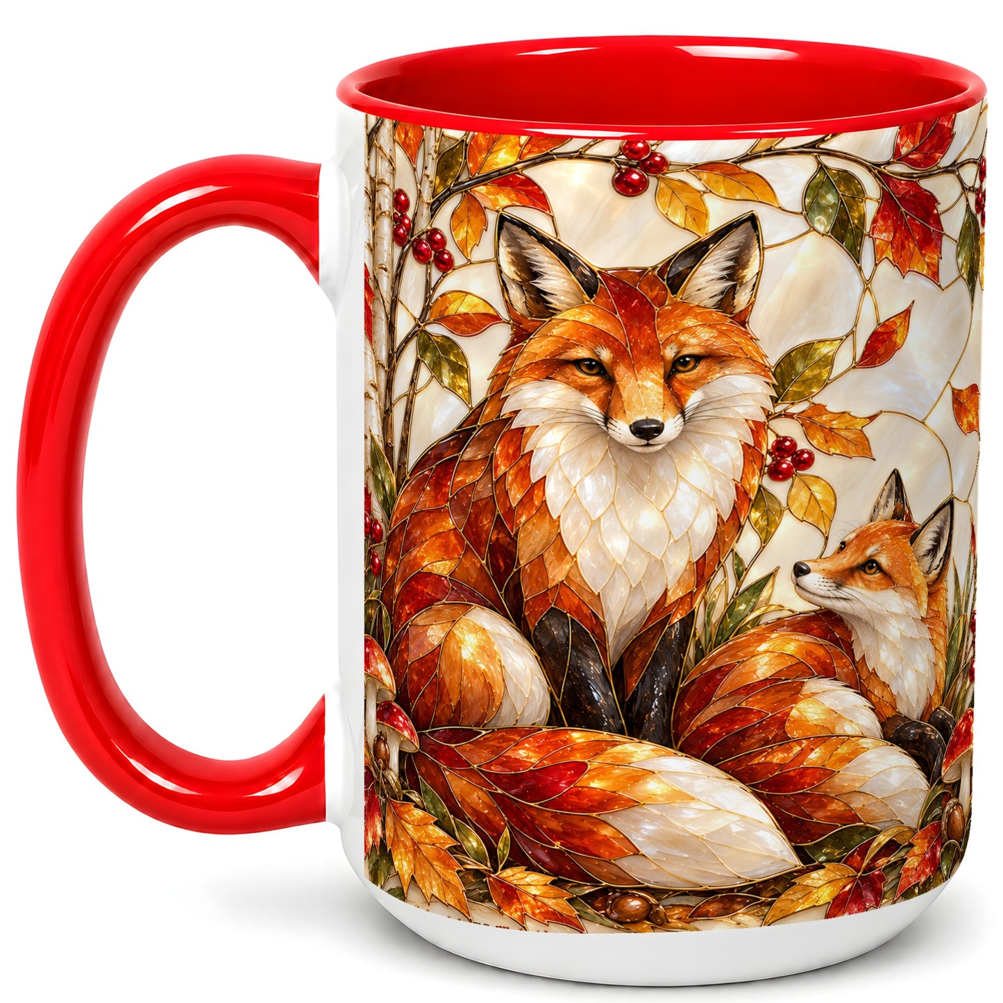 #pl[15oz|Red] Stained Glass Style Fox Coffee Mug, Autumn Fox Mug, Ceramic Cup