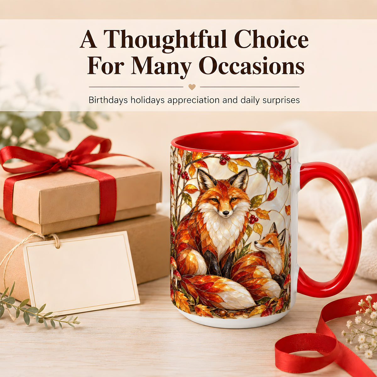 #pl[15oz|Red] Stained Glass Style Fox Coffee Mug, Autumn Fox Mug, Ceramic Cup