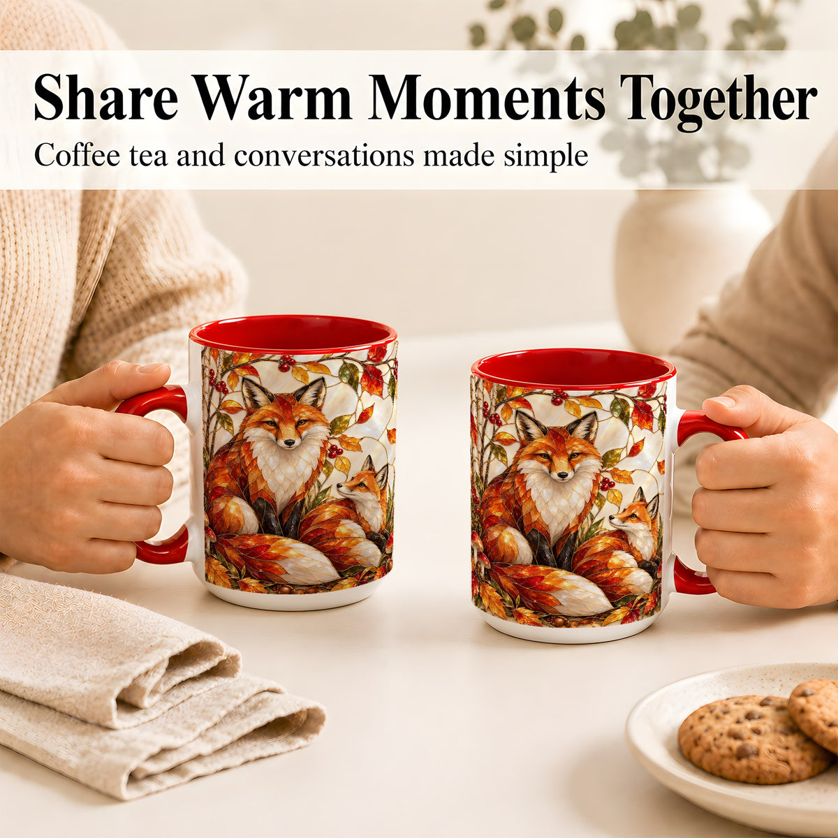 #pl[15oz|Red] Stained Glass Style Fox Coffee Mug, Autumn Fox Mug, Ceramic Cup