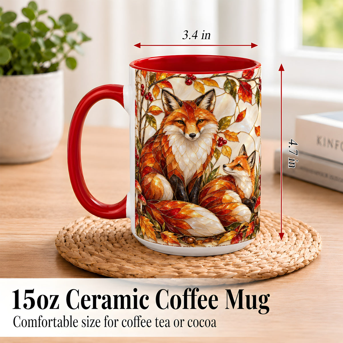 #pl[15oz|Red] Stained Glass Style Fox Coffee Mug, Autumn Fox Mug, Ceramic Cup