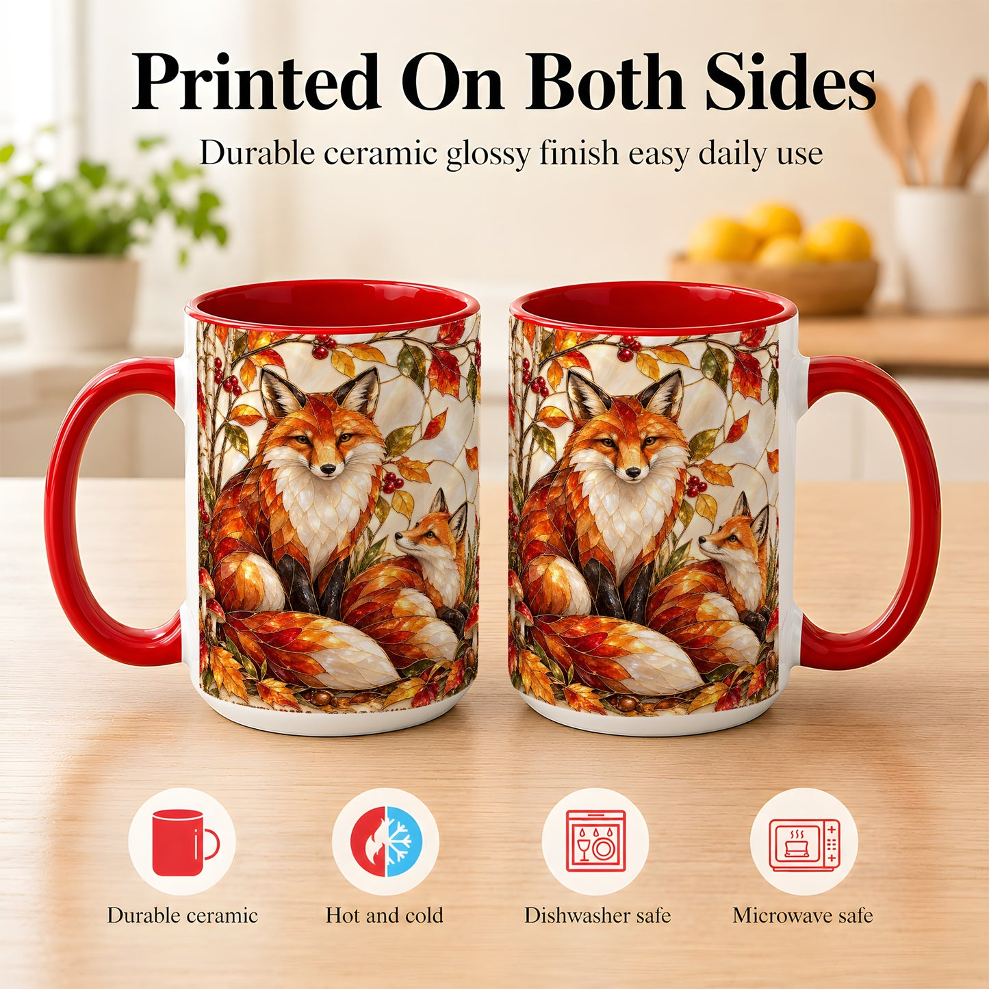 #pl[15oz|Red] Stained Glass Style Fox Coffee Mug, Autumn Fox Mug, Ceramic Cup