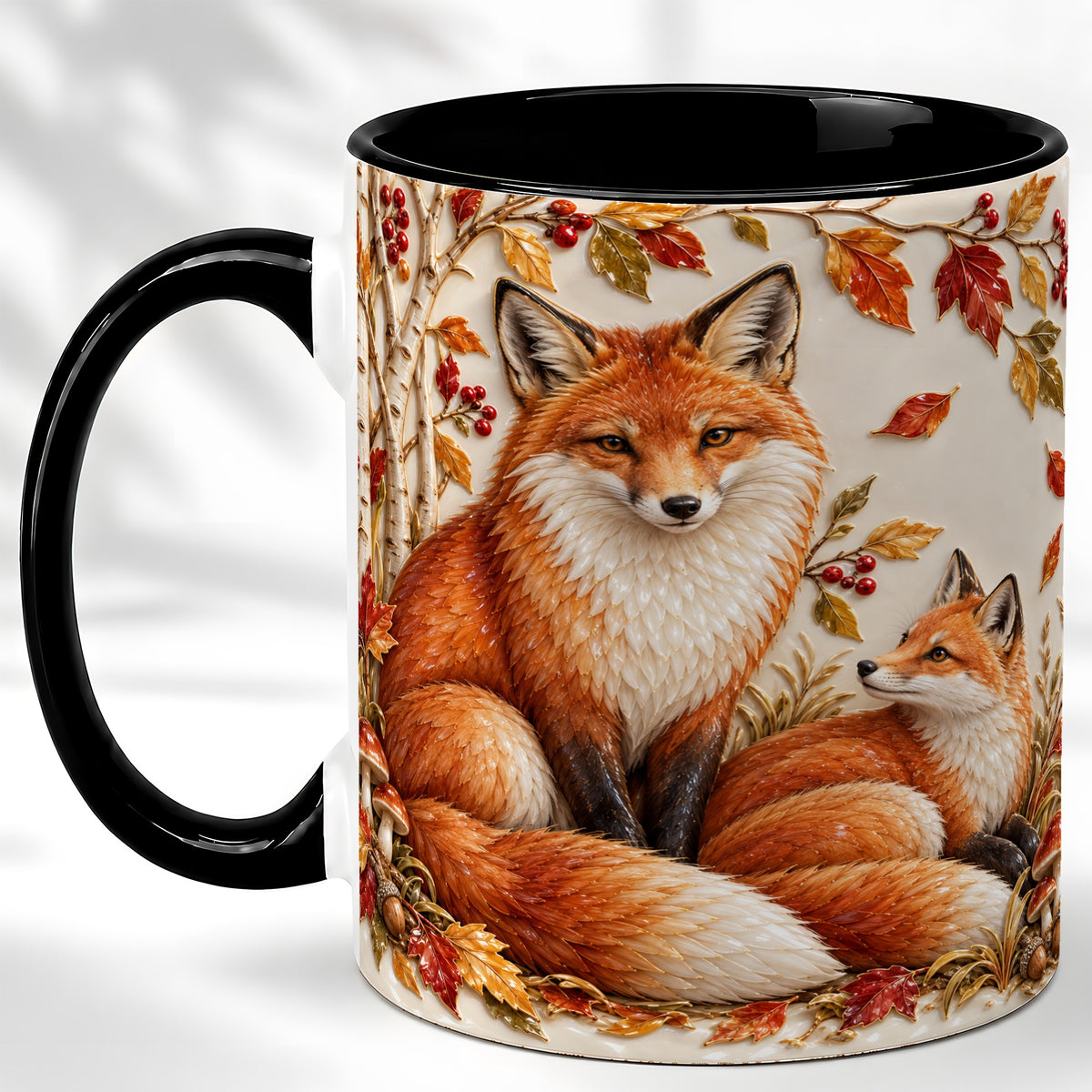 #pl[11oz|Black] Autumn Fox Family Coffee Mug, Botanical Fox Mug, Ceramic Cup