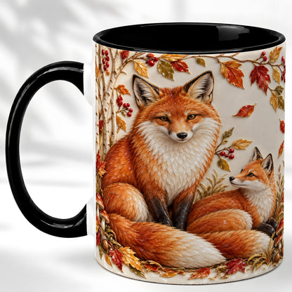 #pl[11oz|Black] Autumn Fox Family Coffee Mug, Botanical Fox Mug, Ceramic Cup