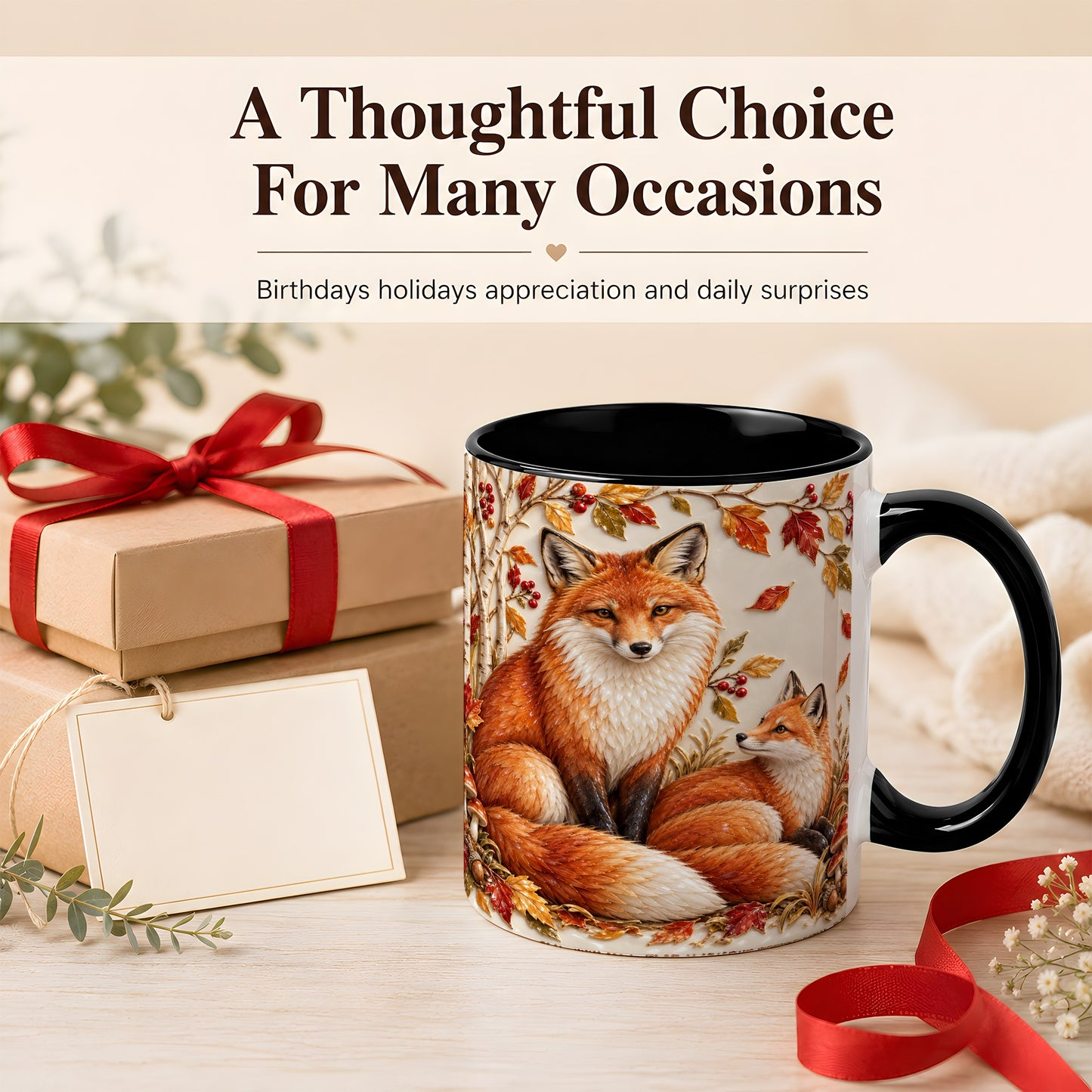 #pl[11oz|Black] Autumn Fox Family Coffee Mug, Botanical Fox Mug, Ceramic Cup