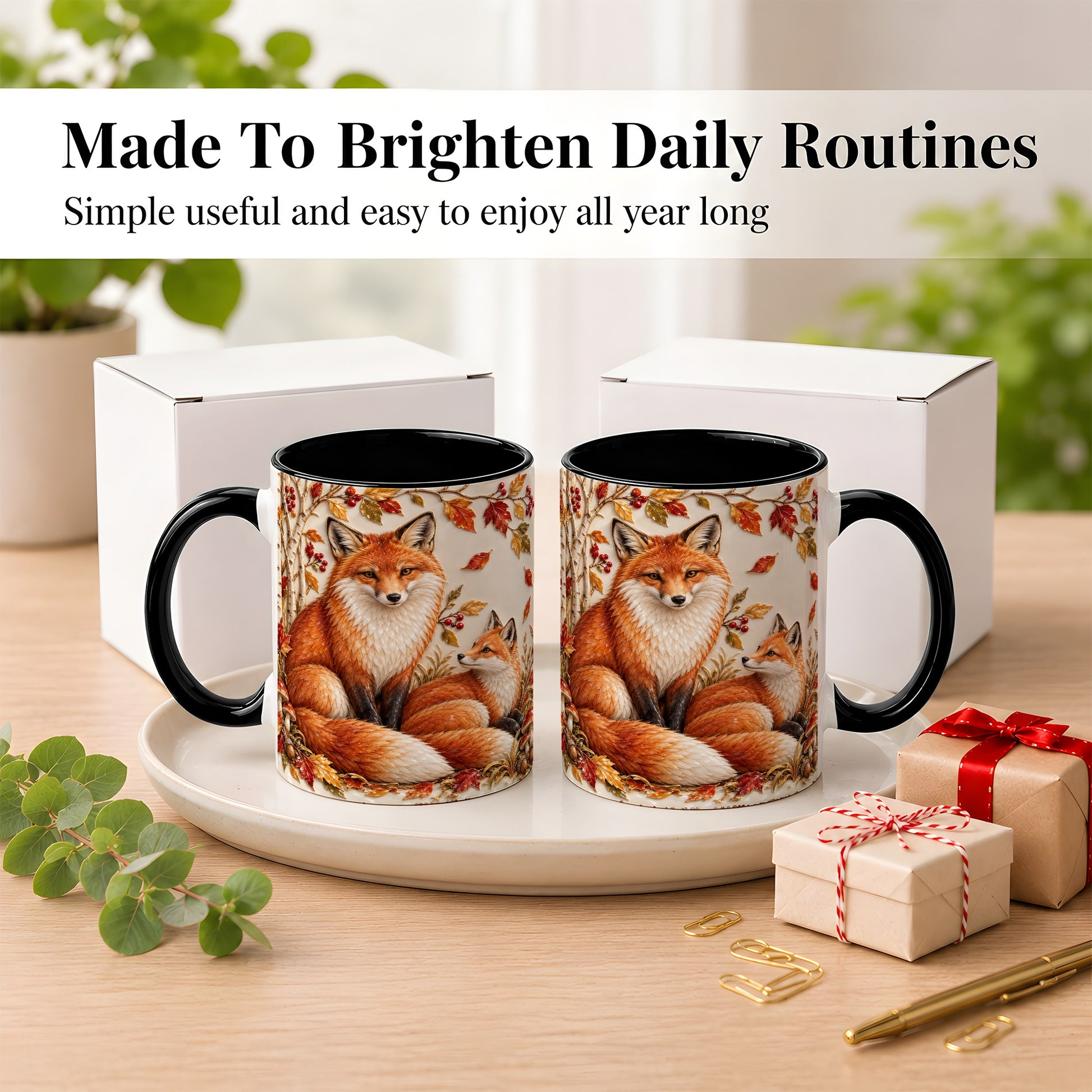 #pl[11oz|Black] Autumn Fox Family Coffee Mug, Botanical Fox Mug, Ceramic Cup