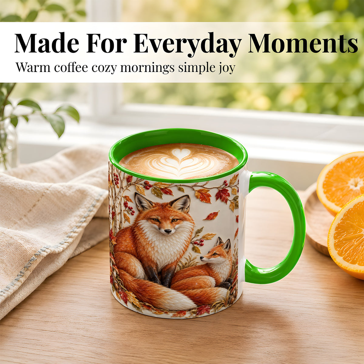 #pl[11oz|Green] Autumn Fox Family Coffee Mug, Botanical Fox Mug, Ceramic Cup