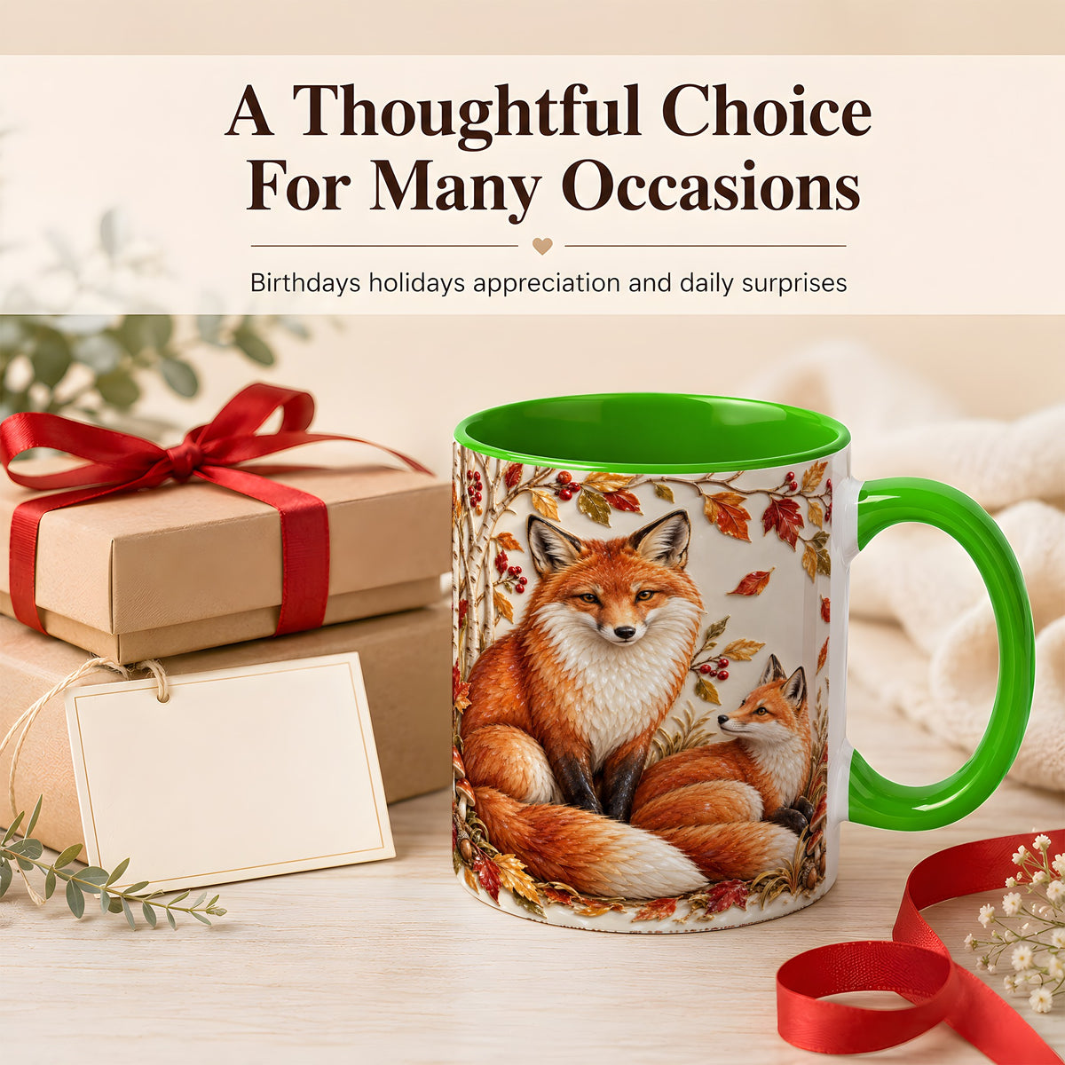 #pl[11oz|Green] Autumn Fox Family Coffee Mug, Botanical Fox Mug, Ceramic Cup
