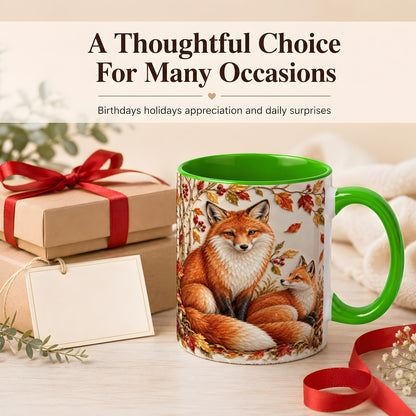 #pl[11oz|Green] Autumn Fox Family Coffee Mug, Botanical Fox Mug, Ceramic Cup