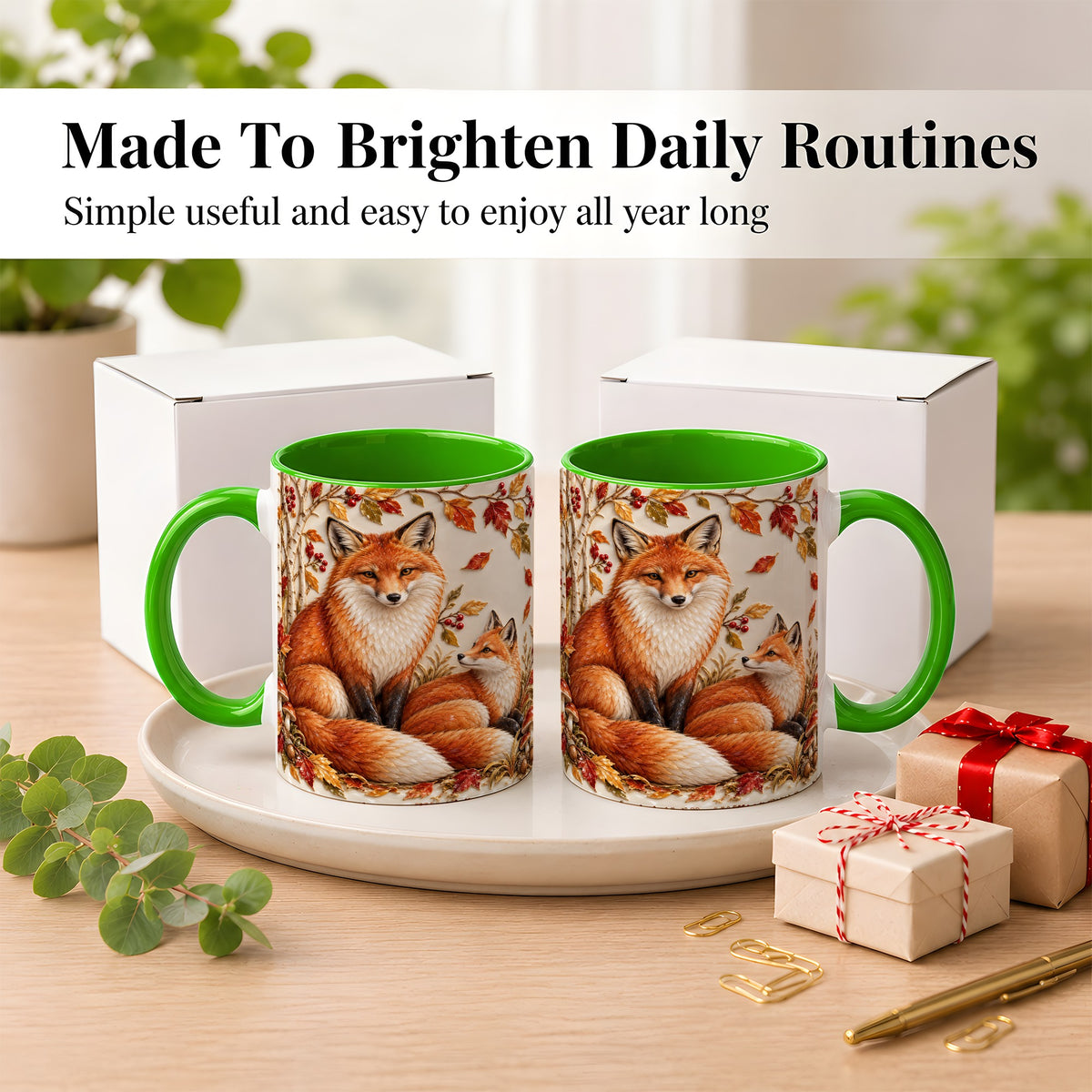 #pl[11oz|Green] Autumn Fox Family Coffee Mug, Botanical Fox Mug, Ceramic Cup