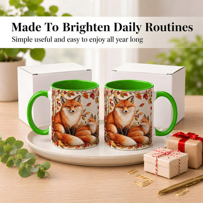 #pl[11oz|Green] Autumn Fox Family Coffee Mug, Botanical Fox Mug, Ceramic Cup