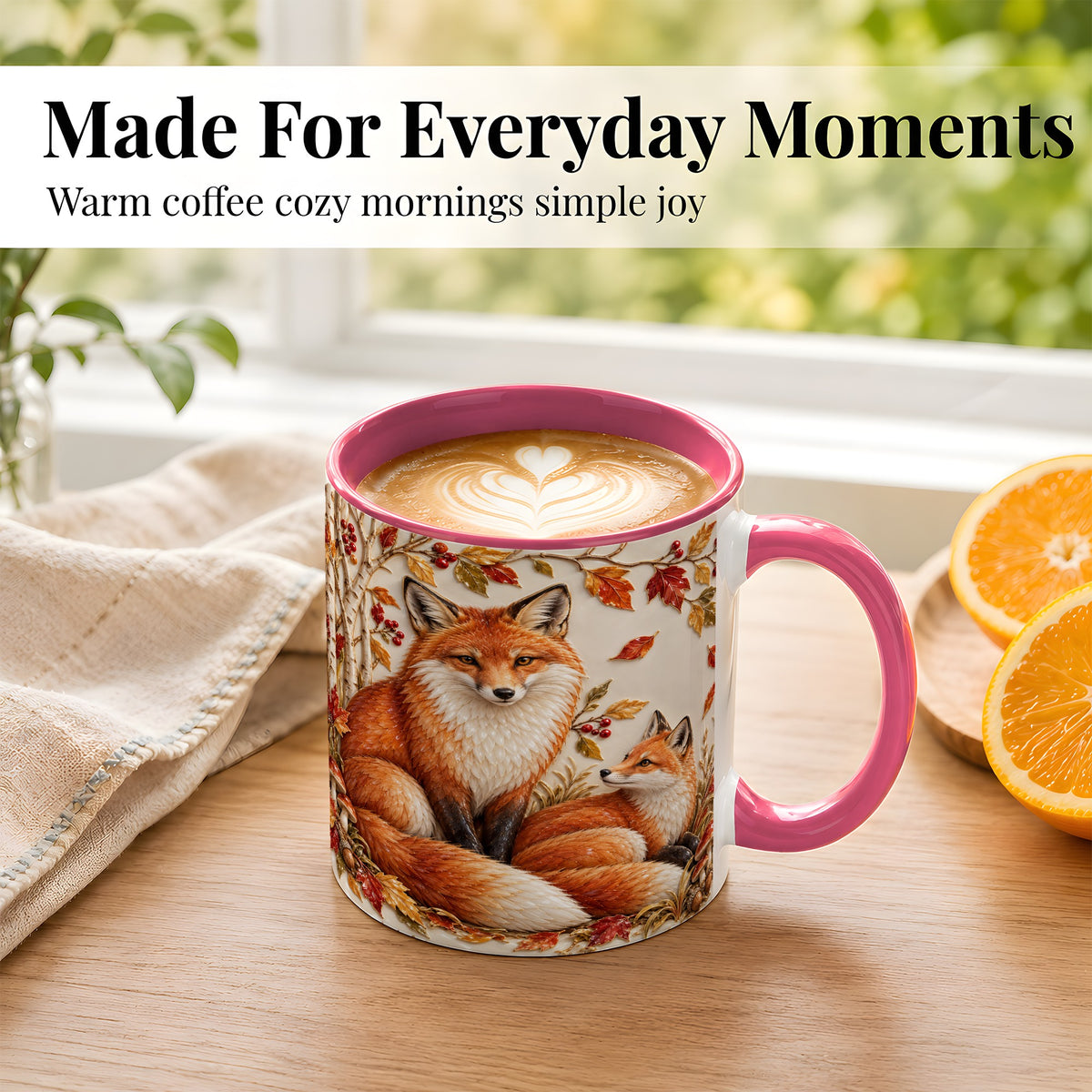 #pl[11oz|Pink] Autumn Fox Family Coffee Mug, Botanical Fox Mug, Ceramic Cup