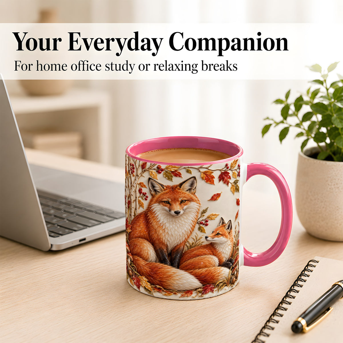 #pl[11oz|Pink] Autumn Fox Family Coffee Mug, Botanical Fox Mug, Ceramic Cup