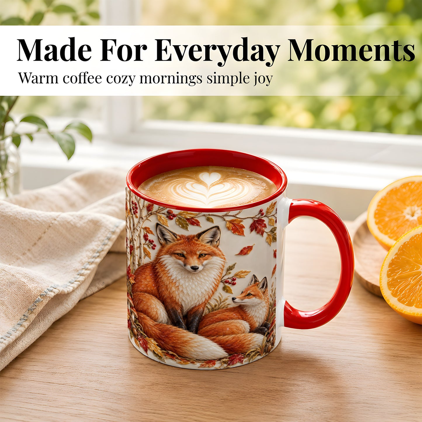#pl[11oz|Red] Autumn Fox Family Coffee Mug, Botanical Fox Mug, Ceramic Cup