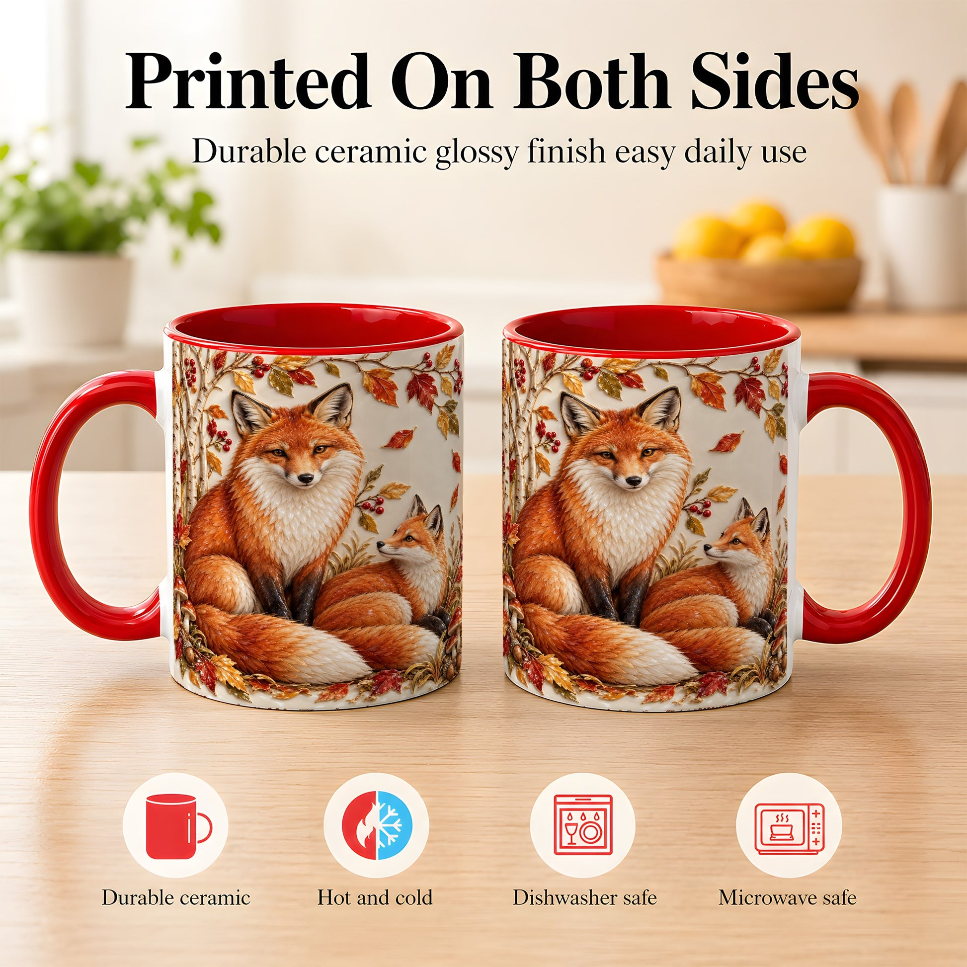 #pl[11oz|Red] Autumn Fox Family Coffee Mug, Botanical Fox Mug, Ceramic Cup