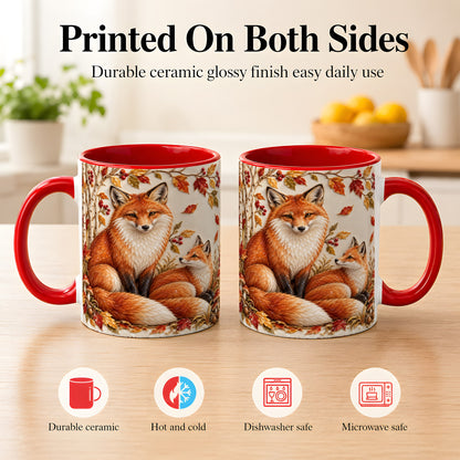 #pl[11oz|Red] Autumn Fox Family Coffee Mug, Botanical Fox Mug, Ceramic Cup