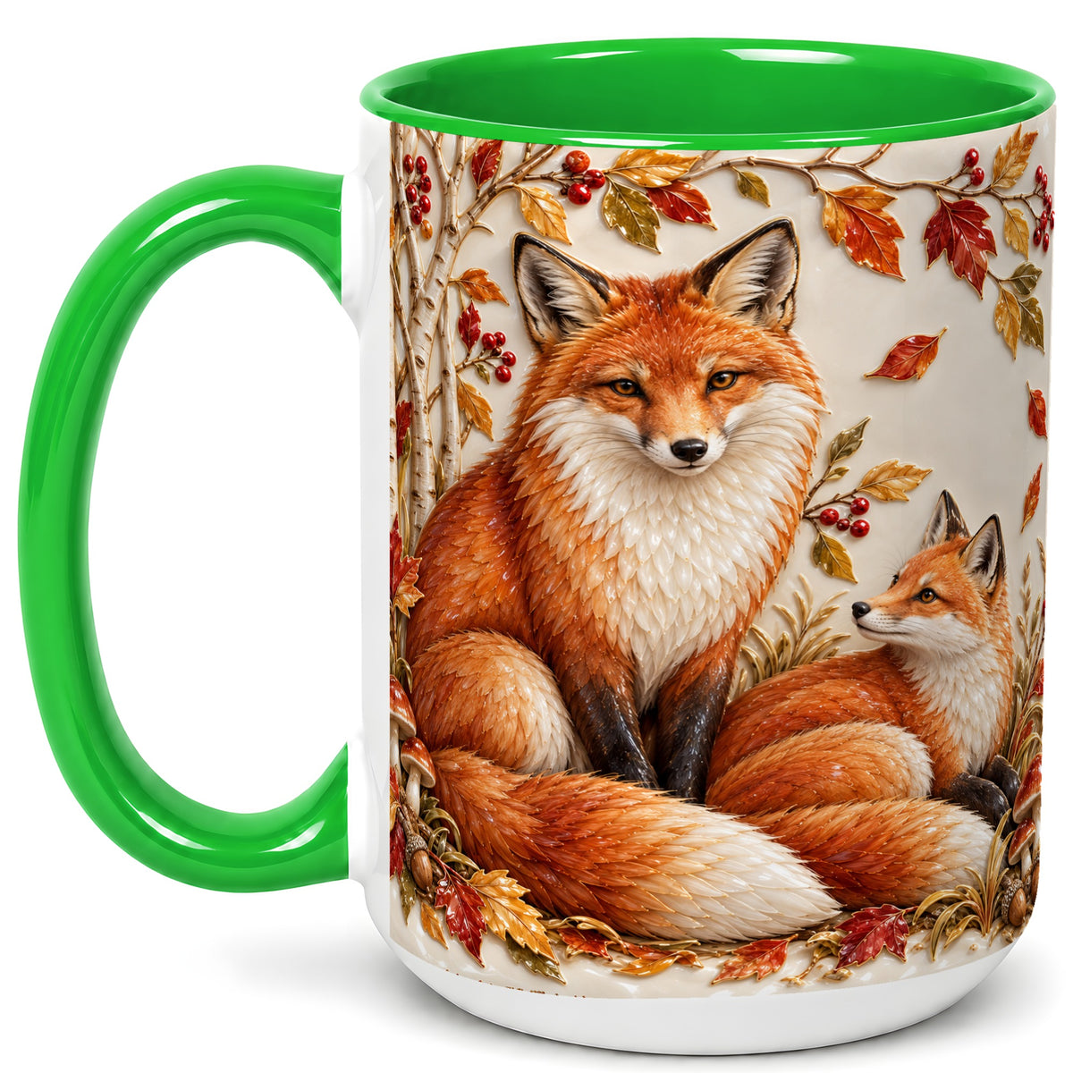 #pl[15oz|Green] Autumn Fox Family Coffee Mug, Botanical Fox Mug, Ceramic Cup