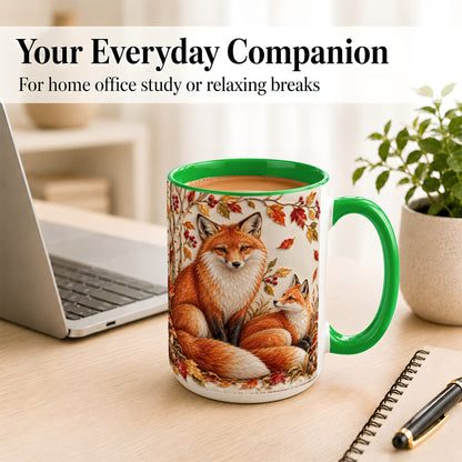 #pl[15oz|Green] Autumn Fox Family Coffee Mug, Botanical Fox Mug, Ceramic Cup