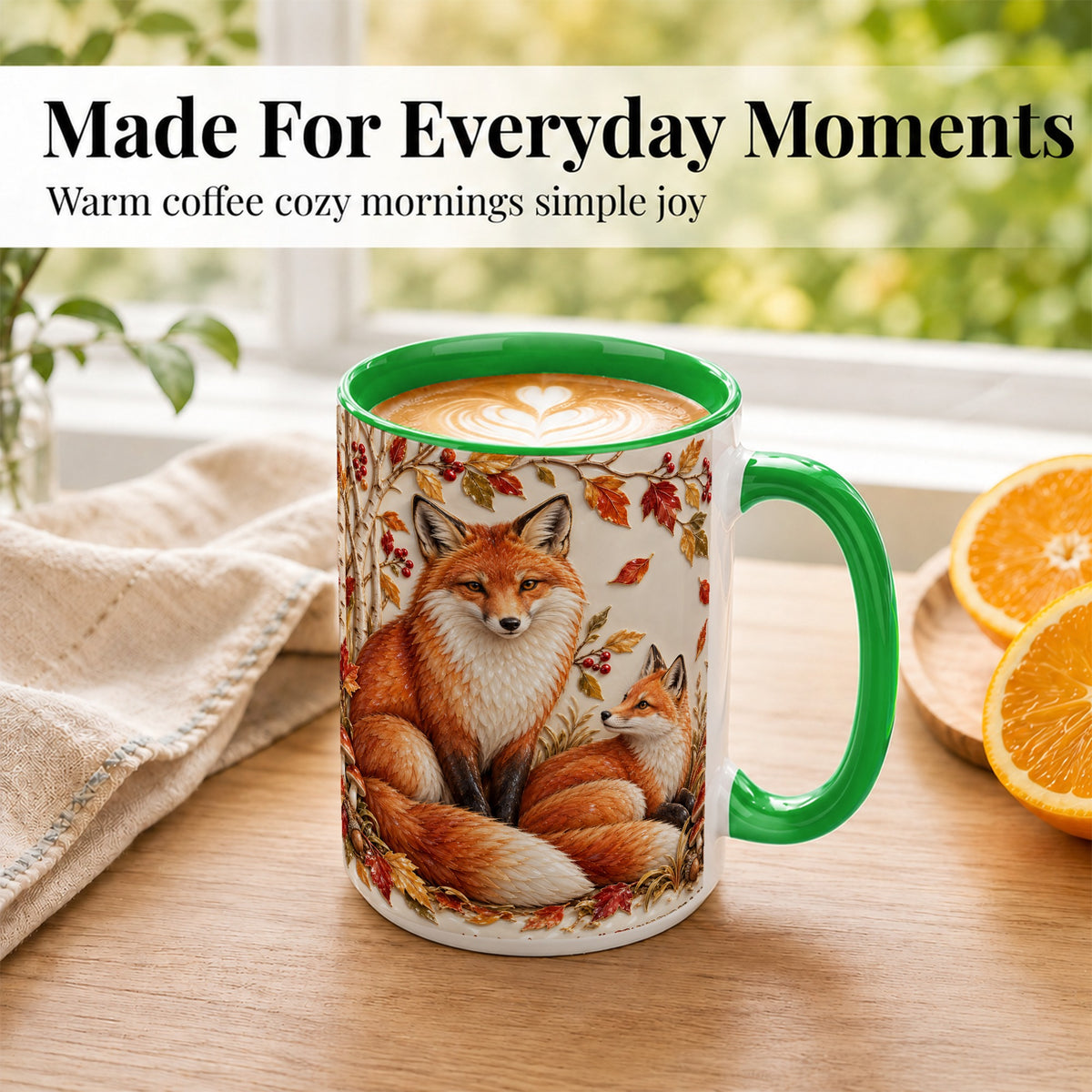 #pl[15oz|Green] Autumn Fox Family Coffee Mug, Botanical Fox Mug, Ceramic Cup