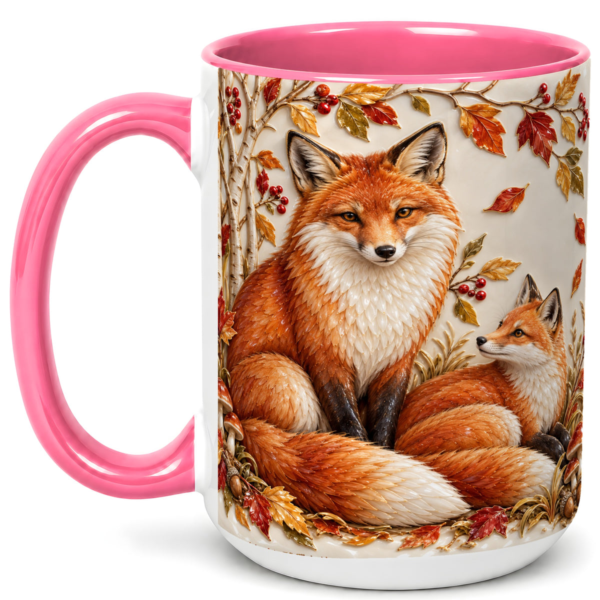 #pl[15oz|Pink] Autumn Fox Family Coffee Mug, Botanical Fox Mug, Ceramic Cup