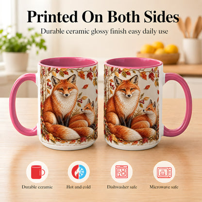 #pl[15oz|Pink] Autumn Fox Family Coffee Mug, Botanical Fox Mug, Ceramic Cup