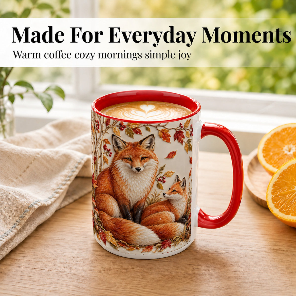 #pl[15oz|Red] Autumn Fox Family Coffee Mug, Botanical Fox Mug, Ceramic Cup