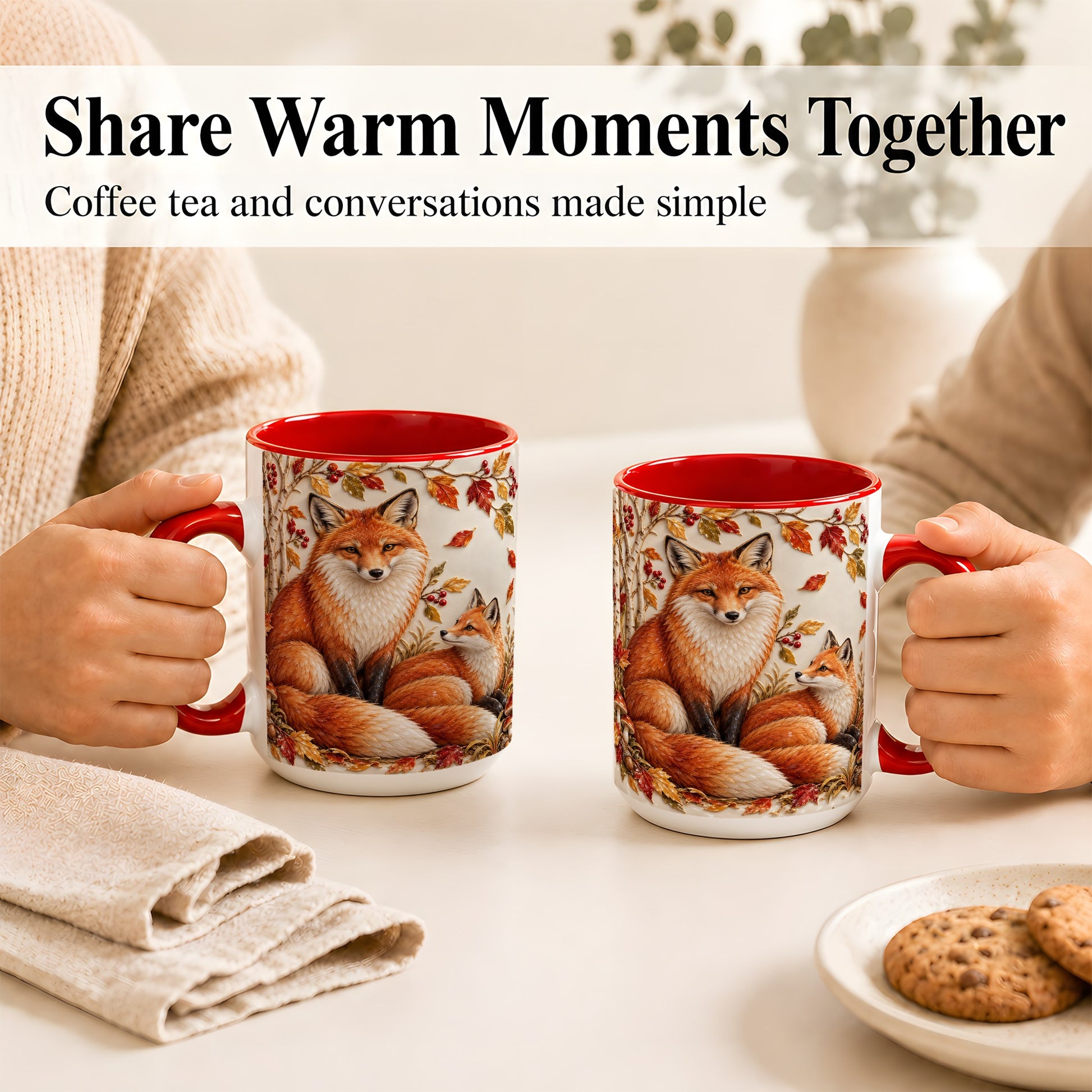 #pl[15oz|Red] Autumn Fox Family Coffee Mug, Botanical Fox Mug, Ceramic Cup