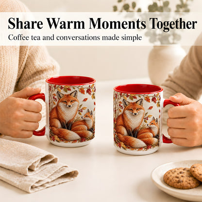 #pl[15oz|Red] Autumn Fox Family Coffee Mug, Botanical Fox Mug, Ceramic Cup