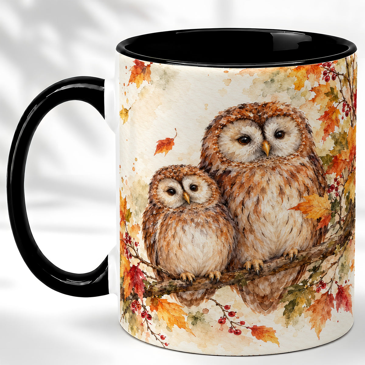 #pl[11oz|Black] Watercolor Owl Coffee Mug, Autumn Owl Mug, Ceramic Cup