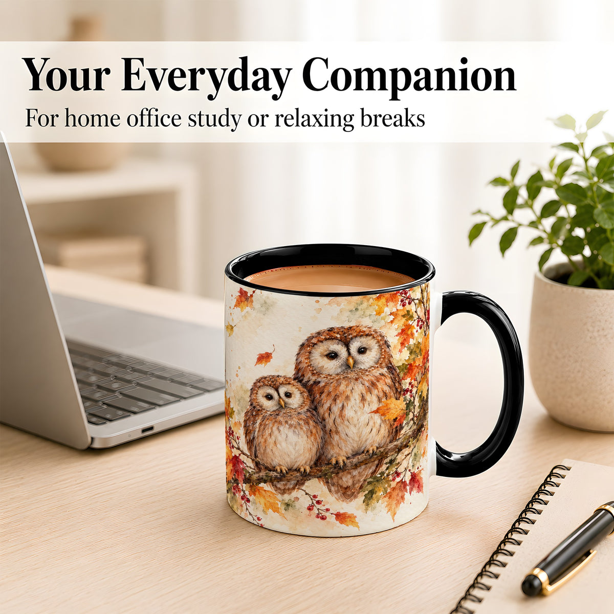 #pl[11oz|Black] Watercolor Owl Coffee Mug, Autumn Owl Mug, Ceramic Cup