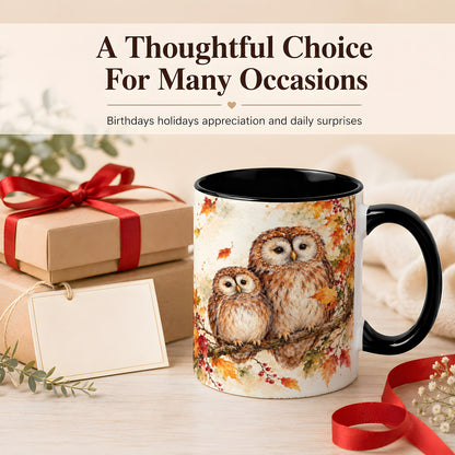 #pl[11oz|Black] Watercolor Owl Coffee Mug, Autumn Owl Mug, Ceramic Cup