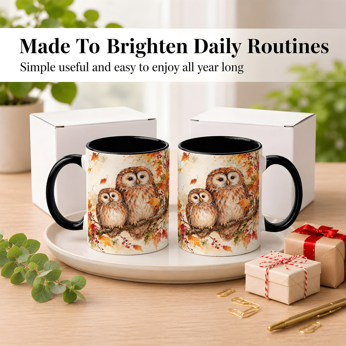 #pl[11oz|Black] Watercolor Owl Coffee Mug, Autumn Owl Mug, Ceramic Cup