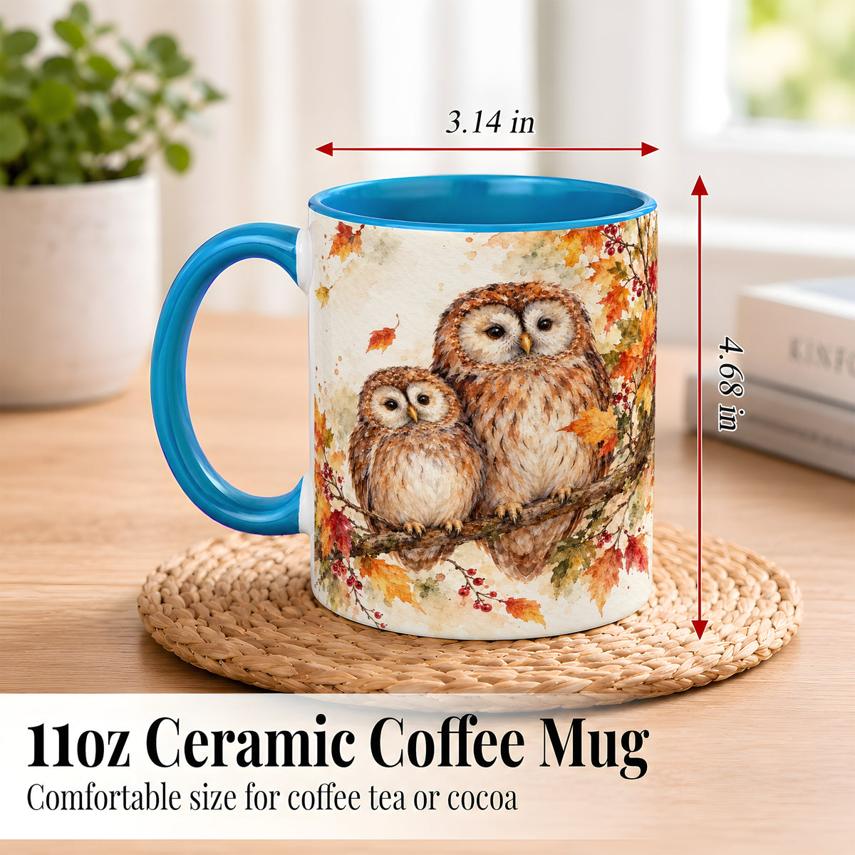 #pl[11oz|Blue] Watercolor Owl Coffee Mug, Autumn Owl Mug, Ceramic Cup