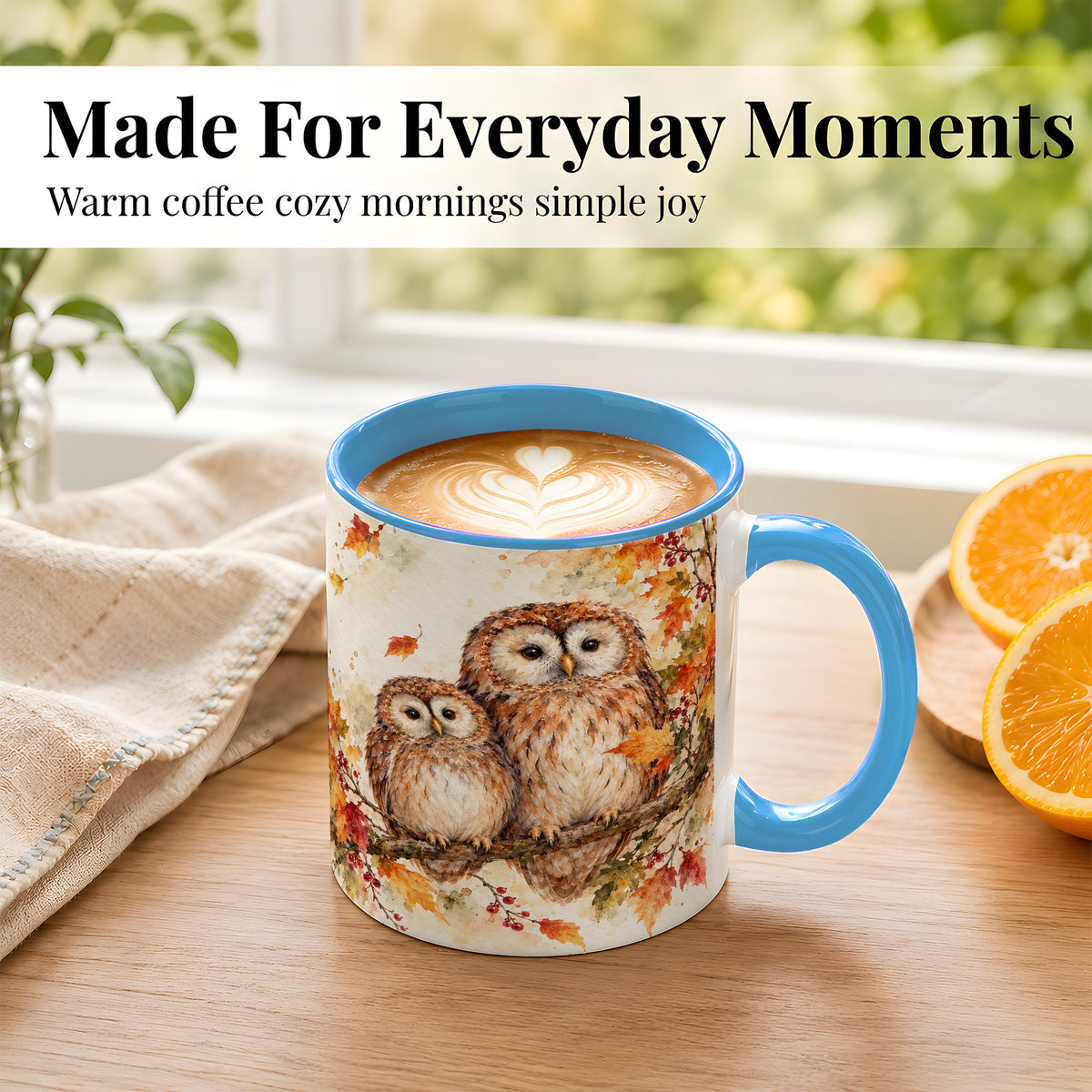 #pl[11oz|Blue] Watercolor Owl Coffee Mug, Autumn Owl Mug, Ceramic Cup