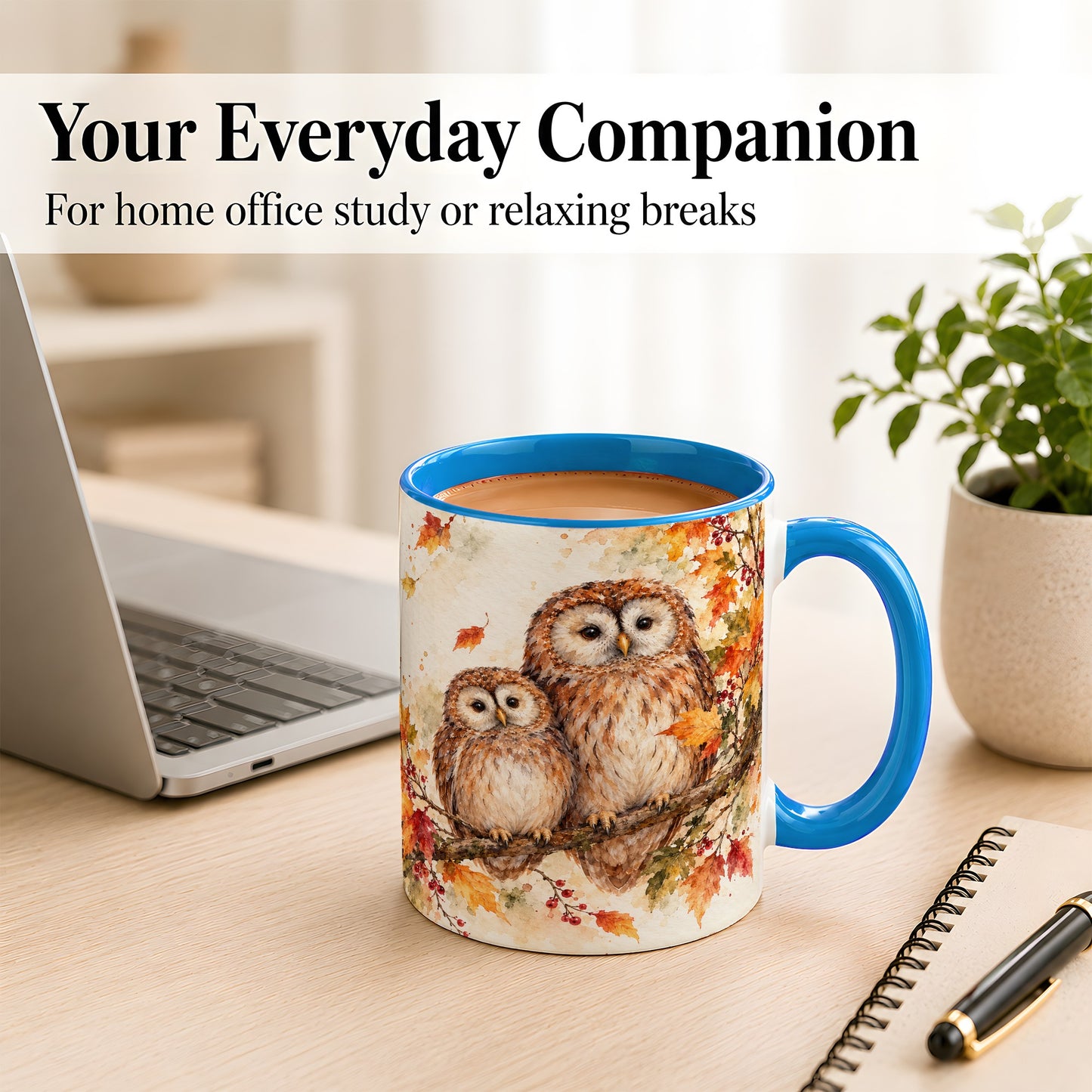 #pl[11oz|Blue] Watercolor Owl Coffee Mug, Autumn Owl Mug, Ceramic Cup