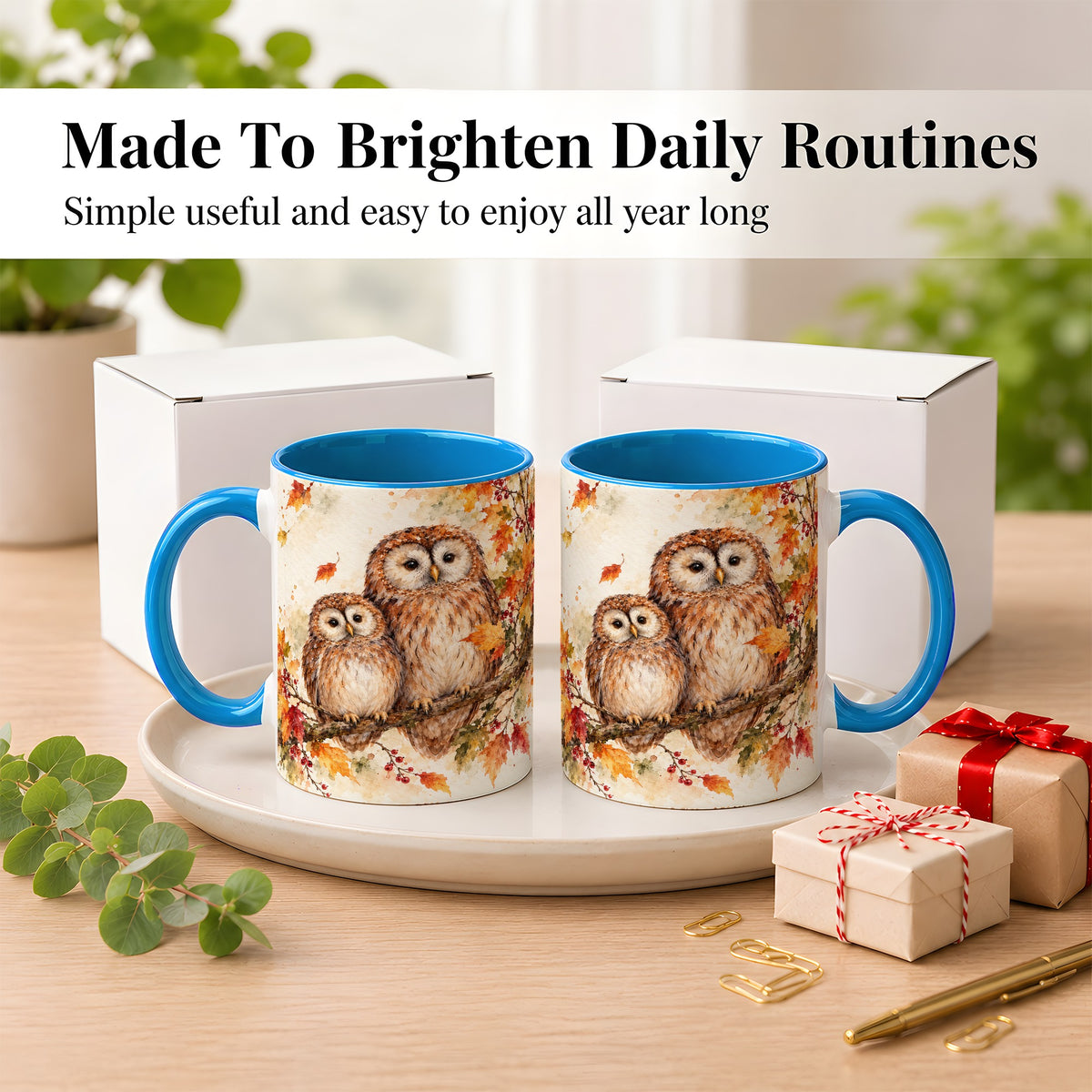 #pl[11oz|Blue] Watercolor Owl Coffee Mug, Autumn Owl Mug, Ceramic Cup