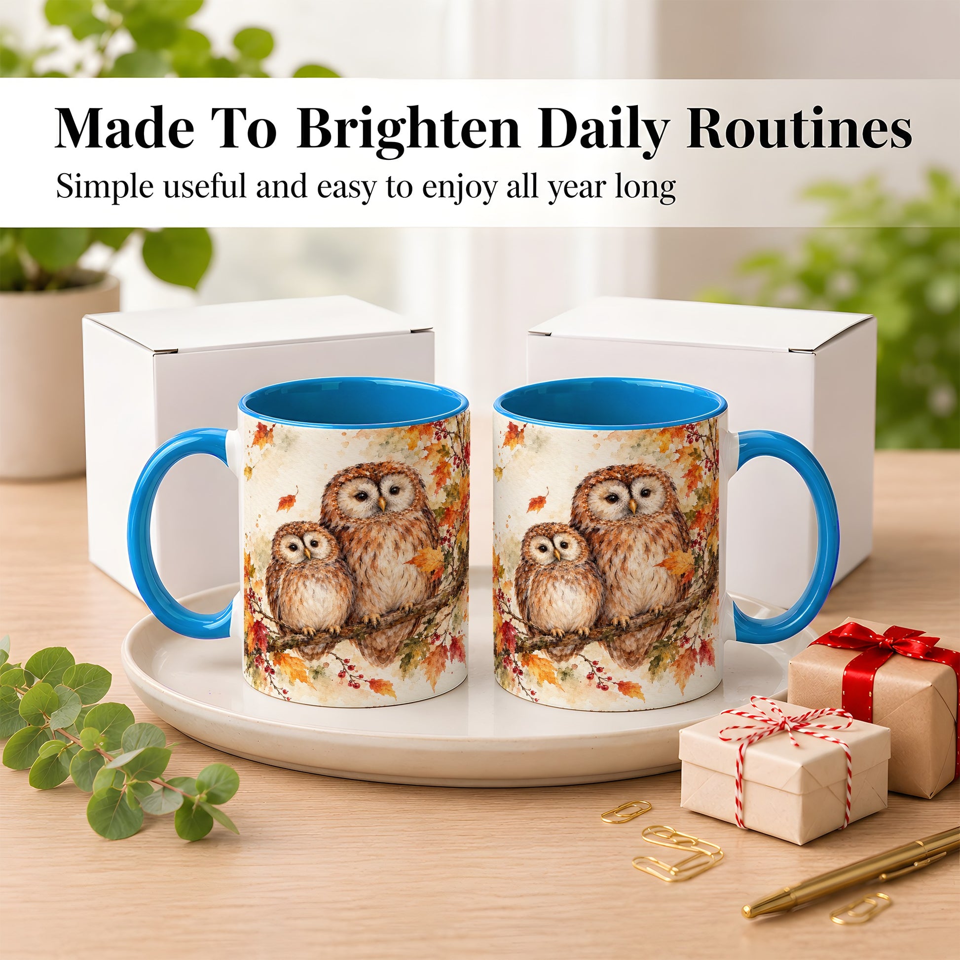 #pl[11oz|Blue] Watercolor Owl Coffee Mug, Autumn Owl Mug, Ceramic Cup