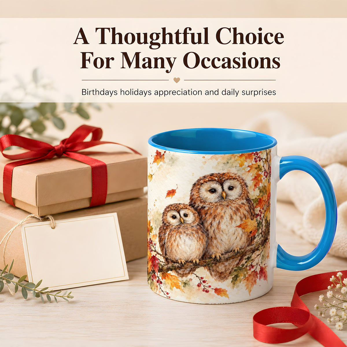#pl[11oz|Blue] Watercolor Owl Coffee Mug, Autumn Owl Mug, Ceramic Cup