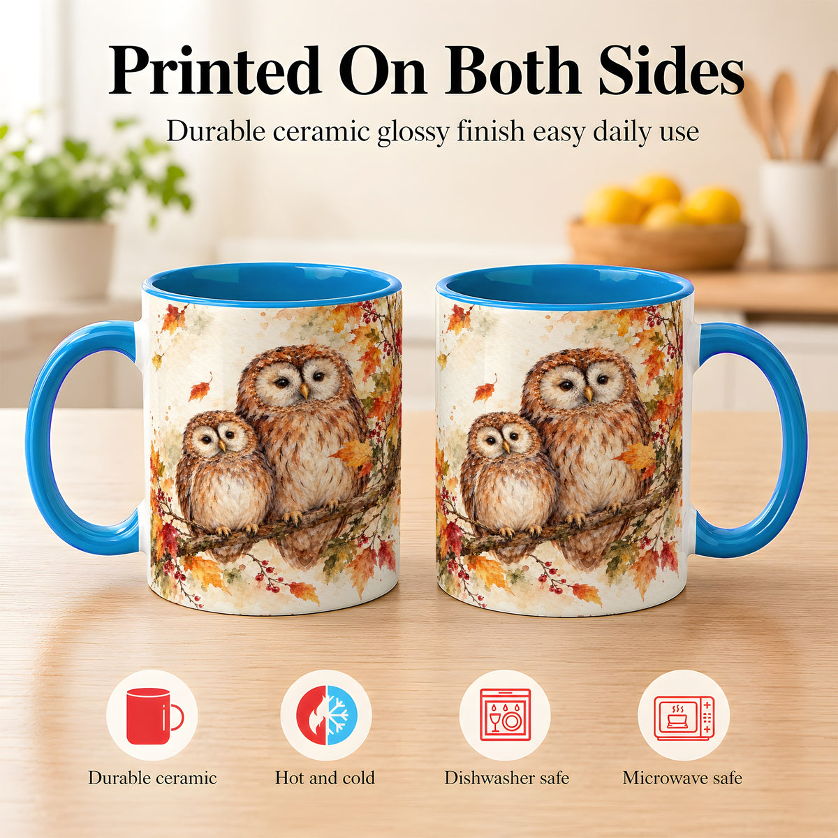 #pl[11oz|Blue] Watercolor Owl Coffee Mug, Autumn Owl Mug, Ceramic Cup