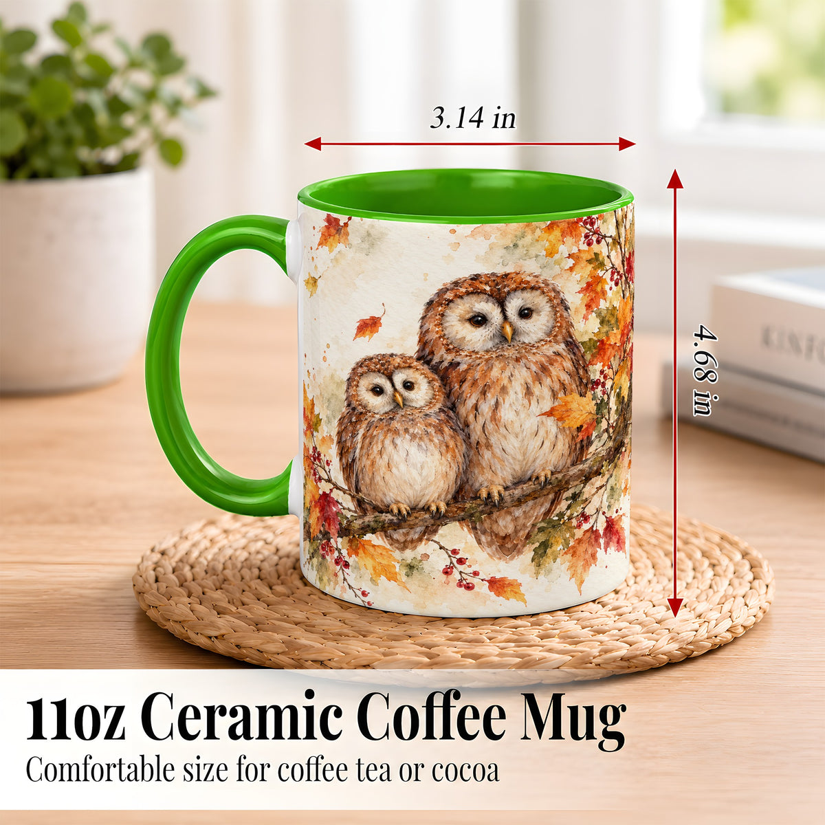 #pl[11oz|Green] Watercolor Owl Coffee Mug, Autumn Owl Mug, Ceramic Cup