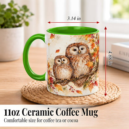 #pl[11oz|Green] Watercolor Owl Coffee Mug, Autumn Owl Mug, Ceramic Cup