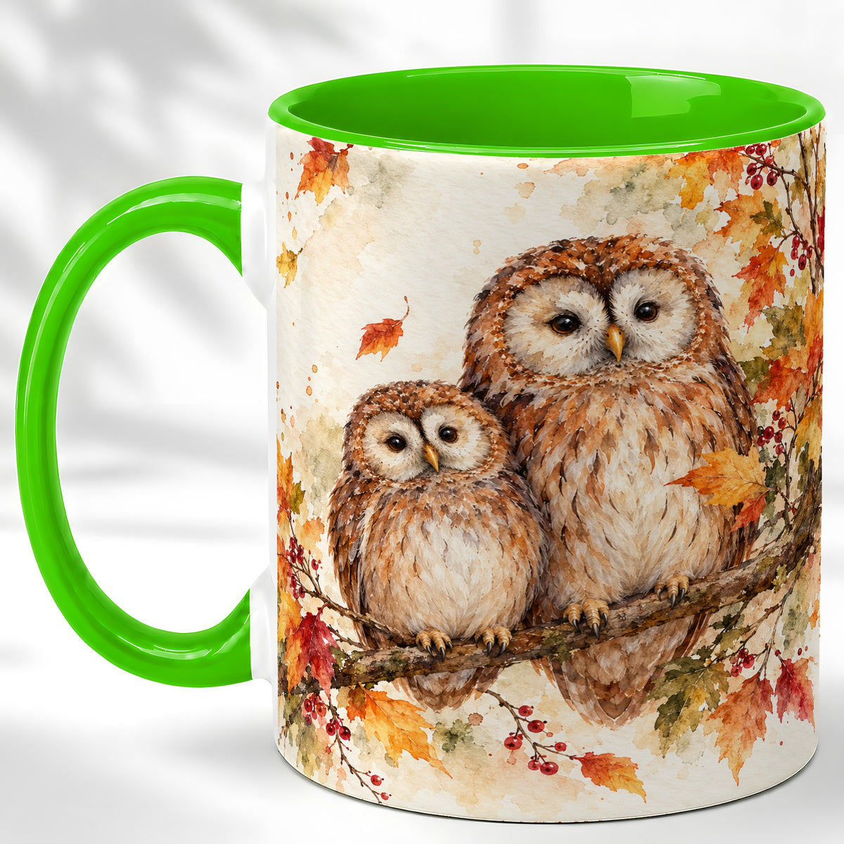 #pl[11oz|Green] Watercolor Owl Coffee Mug, Autumn Owl Mug, Ceramic Cup