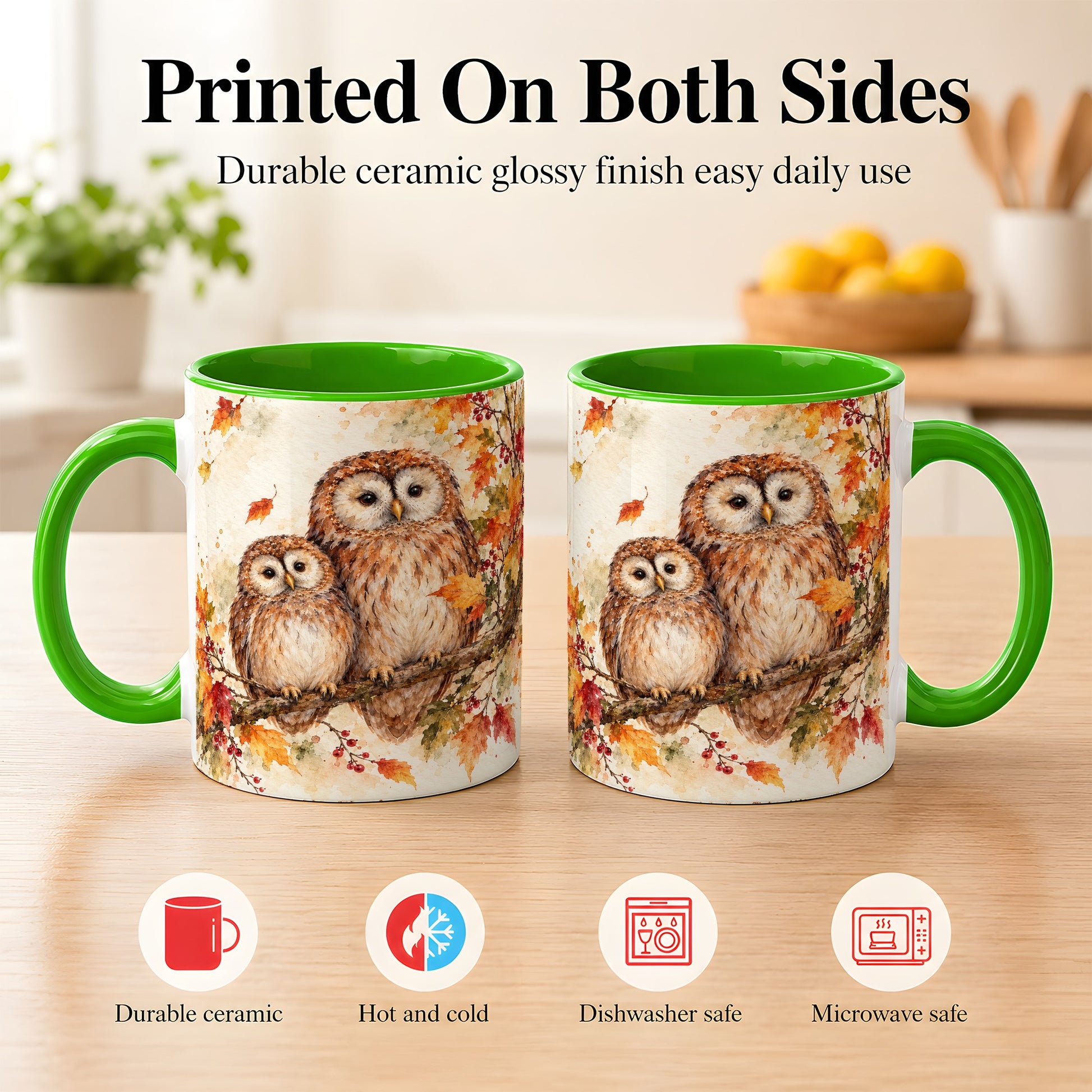 #pl[11oz|Green] Watercolor Owl Coffee Mug, Autumn Owl Mug, Ceramic Cup