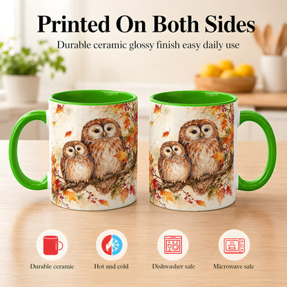 #pl[11oz|Green] Watercolor Owl Coffee Mug, Autumn Owl Mug, Ceramic Cup